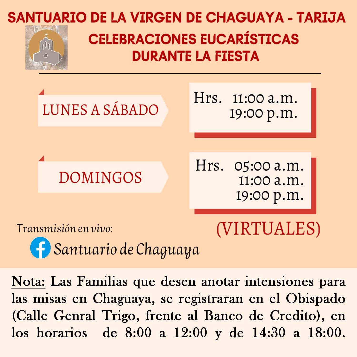HORARIOS DE MISAS EN EL SANTUARIO DE CHAGUAYA